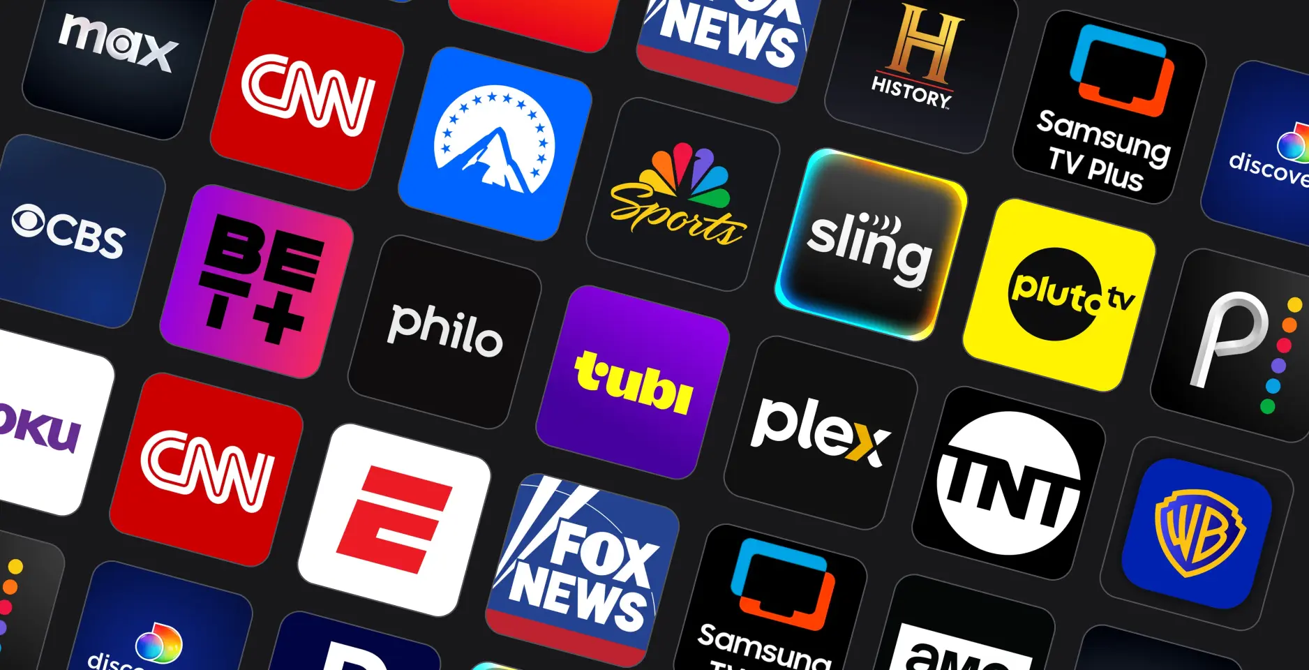 Streaming services including Sling, Discovery+, MAX, CNN, PlutoTV and other popular app. 